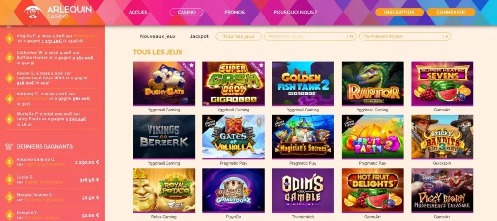 Les jeux disponibles sur Arlequin Casino