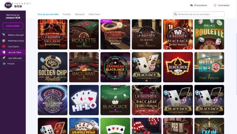 Les jeux disponibles sur Jackpot Bob Casino